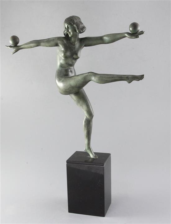 Marcel Bouraine. An Art Deco patinated bronze figure of a dancer, height 19.25in.